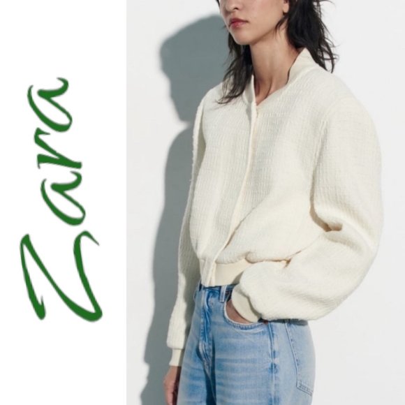 NWT ZARA Ivory Cropped Tweed Snap Front Bomber Jacket, Size Large - Picture 1 of 14